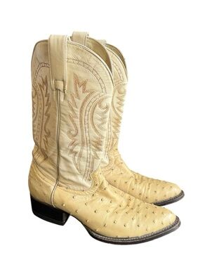 Vintage Men's Cream Ostrich Leather Cowboy Boots Cream Exotic Size 9 LA Nacional